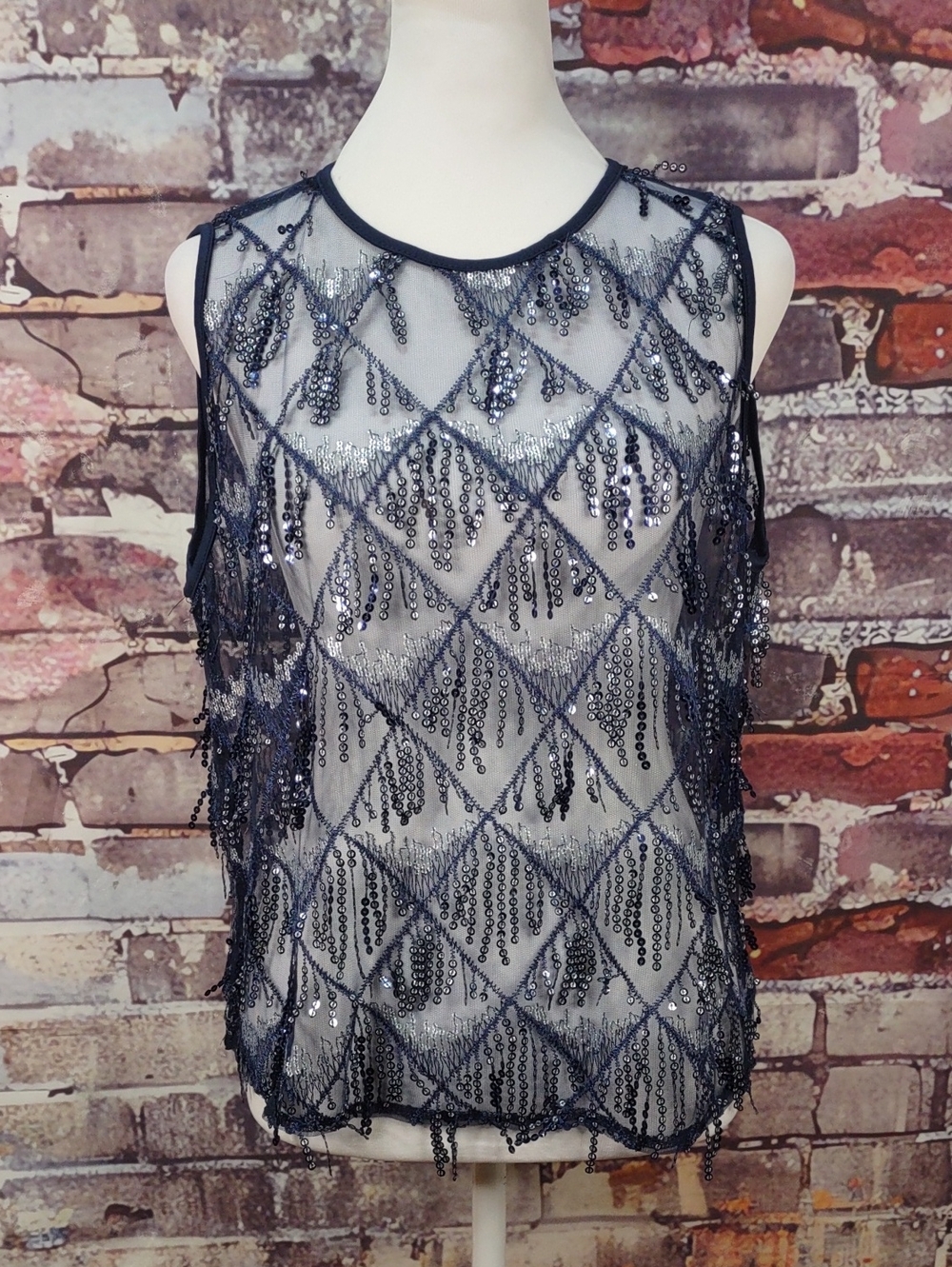 Navy Sequin Fringe Mesh Sleeveless Top